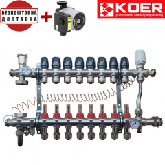 Коллекторный узел в сборе для "ТЕПЛЫЙ ПОЛ" с 3-х ходовым клапаном KOER KR.S1013-08 на 8 выходов с подключением к радиаторам с байпасом (Чехия) Киев