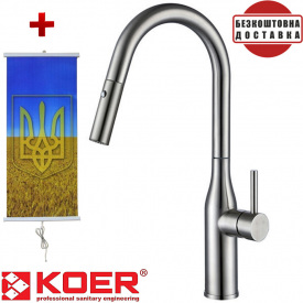 Смеситель для кухни из нерж. стали с выдвижным изливом Koer KI-70004-02, Чехия (цвет нерж) + подарок Картина-обогреватель
