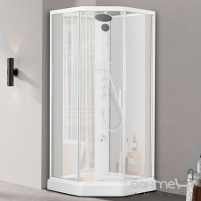 Пентагональный душевой бокс Dusel Glare 559003 профиль матовый белый, стекло прозрачное, задние стенки белые
