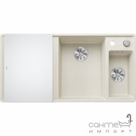 Кухонная мойка на полторы чаши с сушкой+доска стекло Blanco Axia III 6 S-F Silgranit PuraDur правая 527049 нежный белый