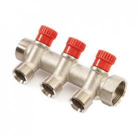 Колектор з вентильними кранами 3/4x3/4 General Fittings на 4 виходи червоний