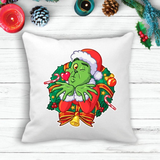 Подушка с новогодним принтом Гринч The Grinch Воздушный поцелуй Белый Кавун П003595