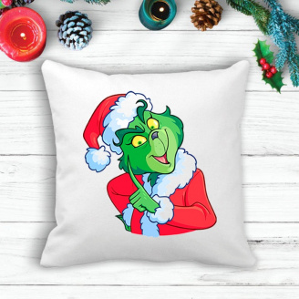 Подушка с новогодним принтом Гринч The Grinch Санта Белый Кавун П003616