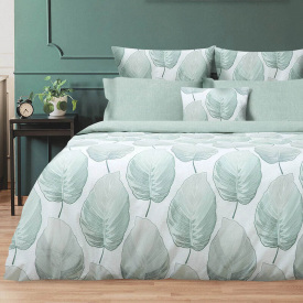 Постельное белье Кот Муркот Евро С нежными крупными светло-зелеными листьями (VD_Аурелія_Є)