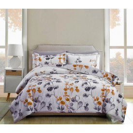 Постельное белье Кот Муркот Евро Белый с акварельными желто-серыми листьями (VD_ҐОЛДІ_Є)