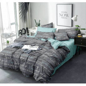 Постельное белье Кот Муркот Двухспальный Серо-бирюзовый с известными английскими фразами (VD_Лагідні_слова_Д)