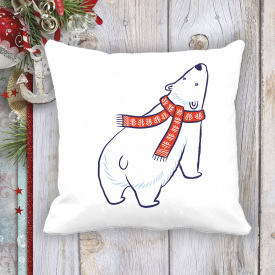 Подушка с новогодним принтом Белый медведь в шарфе Белый Кавун П003702