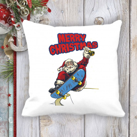 Подушка с новогодним принтом Дед Мороз на скейте "Merry Christmas" Белый Кавун П003669