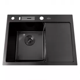 Кухонная мойка Nett NB-6045(R) 600х450 с крылом черная металик (1,3 мм) + смеситель