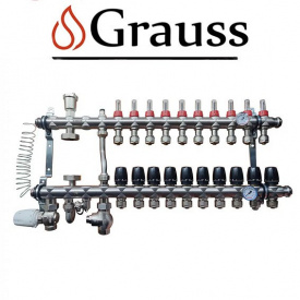 Колекторний вузол у зборі 1012-10 Grauss для системи "ТЕПЛА ПІДЛОГА" на 10 виходів з нижнім підключенням з нержавіючої сталі (Чехія)