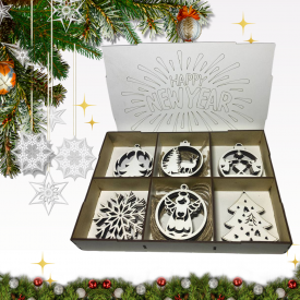 Набор деревянных ёлочных игрушек "Happy New Year" в кробке 30 шт,шесть видов украшений,размер 27х18х4,5 см