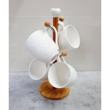 Набір фарфорових кружок Мереживо на дерев'яній стійці 300 мл Interos PJ 02557