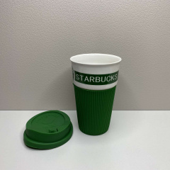 Склянка керамічна з силіконовою кришкою UKC 400 мл Starbucks 9703 зелений з білим Полтава