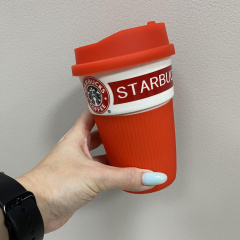 Стакан керамічний із силіконовою кришкою UKC 360 мл Starbucks 9702 червоний з білим Житомир