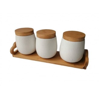 Набор 3-х банок фарфоровых на деревянной подставке 600 мл Interos PJ03430-S
