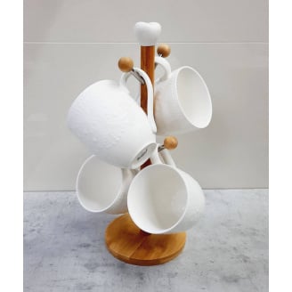 Набір фарфорових кружок Мереживо на дерев'яній стійці 300 мл Interos PJ 02557