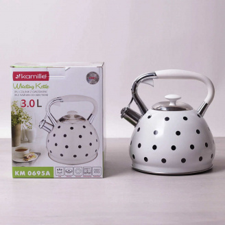 Чайник 3 л Kamille із нержавіючої сталі зі свистком та ручкою з покриттям soft-touch білий КМ-0695AN