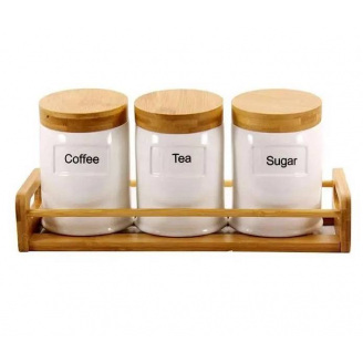 Набір банок 3 шт. фарфорових на підставці 600 мл з дерев'яною кришкою Interos PJ01783