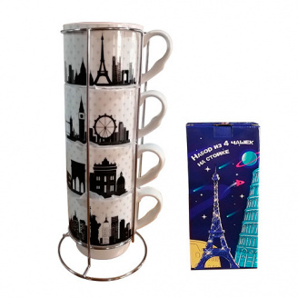 Набор чашек для чая и кофе 4 шт ST Towns 320 мл фарфоровый в стойке белый (021-04-05)