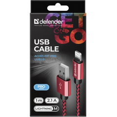 Кабель Defender ACH01-03T PRO USB2.0, AM-Lightning Red 1m (87807) (6499802) Бориспіль