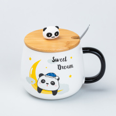 Кружка керамічна з кришкою та ложкою TS Kitchen Panda 450 мл sweet dream (HP7203M)