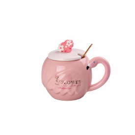 Чашка керамічна Happy Life 500 мл Фламінго з кришкою і ложкою Flower (HPCY8276FW)