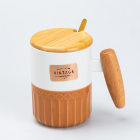 Кружка керамічна з кришкою та ложкою TS Kitchen Vintage 400 мл помаранчева з білим (HP7204BR)