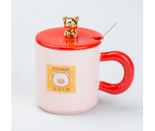 Керамическая чашка TS Kitchen Fun Bear Grid 300 мл с крышкой и ложкой красная (HP7198P)