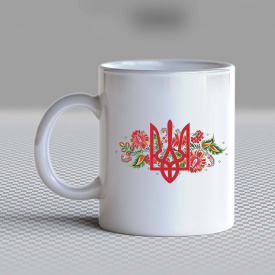 Кружка чашка белая с принтом "Герб Украины красного цвета на цветочном фоне" Кавун
