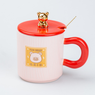 Керамическая чашка TS Kitchen Fun Bear Grid 300 мл с крышкой и ложкой красная (HP7198P)