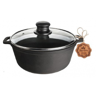 Кастрюля чугунная (казан) S&T 3,0 л с стеклянной крышкой и литыми ручками T402C3Ук