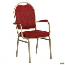 Стілець Банкетний Преміум із підлокітниками на ніжках золото сидіння м'яке червоне