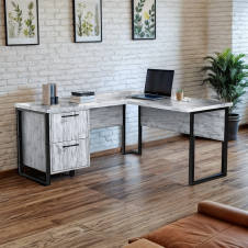 Стол угловой офисный Tobi Sho LOFT Iceberg СУЛА/5-1 с 2 ящиками столешница 18 мм, 1400х1400х750 Дуб крафт белый