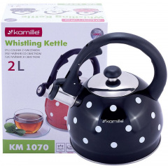 Чайник 2л из нержавеющей стали со свистком в горошек черный Kamille DP112954 Дніпро