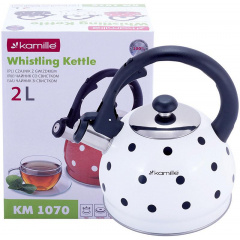 Чайник 2л из нержавеющей стали со свистком в горошек белый Kamille DP112953 Харків