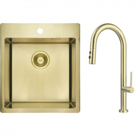 Кухонная мойка Deante Olfato ZPO_R10A 505х450 врезная, золото + смеситель BQO_R72M (ZPOER10A)