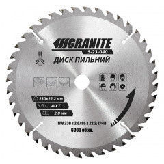 Диск пильный для дерева с твердосплавными напайками GRANITE 230х22.2х40Т 8000 об/мин (5-23-040) Бучач