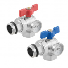Шаровые краны с накидной гайкой Raftec 1″ ВН с термометром, угловые, латунь (2 шт.) (RKMAV03)