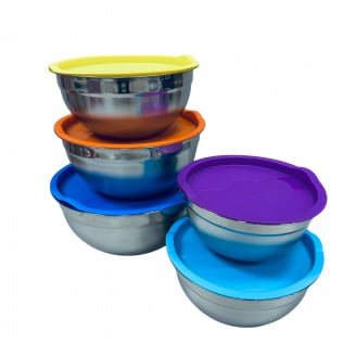 Набір мисок із нержавіючої сталі із пластиковими кришками Stenson R93600 18/20/22/24/26 см 5 шт Різнокольоровий (23460)
