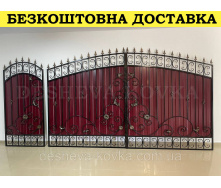 Ворота с вишневым глянцевым профнастилом и ковкой в ​​НАЛИЧИИ