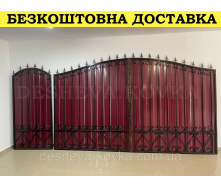 Ворота с вишневым глянцевым профнастилом и ковкой в ​​НАЛИЧИИ