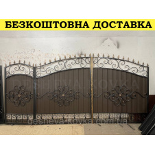 Ворота кованые из профнастилом и калиткой Код: А-01248