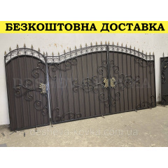 Ворота кованые из профнастилом и калиткой Код: А-01231 Вишневе