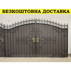 Ворота кованые из профнастилом и калиткой Код: А-01231 Вишневе