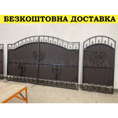 Ворота кованые из профнастилом и калиткой Код: А-01228 Токмак