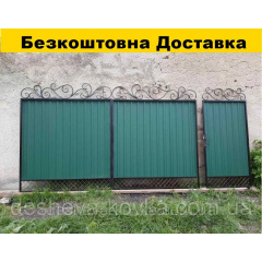 Ковані ворота із зеленим профнастилом та елементами кування Прилуки