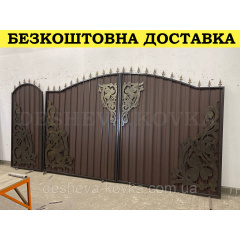 Ворота кованые из профнастилом и калиткой Код: А-01219 Вишневое