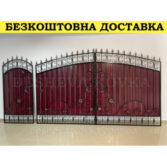 Ворота с вишневым глянцевым профнастилом и ковкой в ​​НАЛИЧИИ