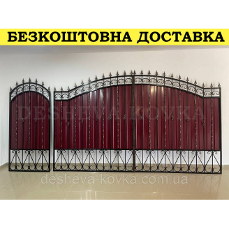 Ворота с вишневым глянцевым профнастилом и ковкой в ​​НАЛИЧИИ