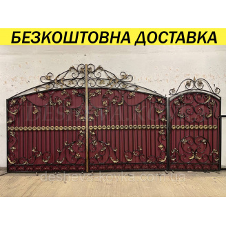 Кованые ворота из калиткой и профнастилом